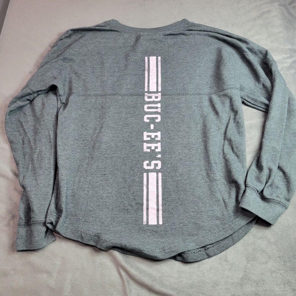 Bucees Spirit Jersey Womens Medium Grey Pink Back Spellout Long Shirt Front Logo